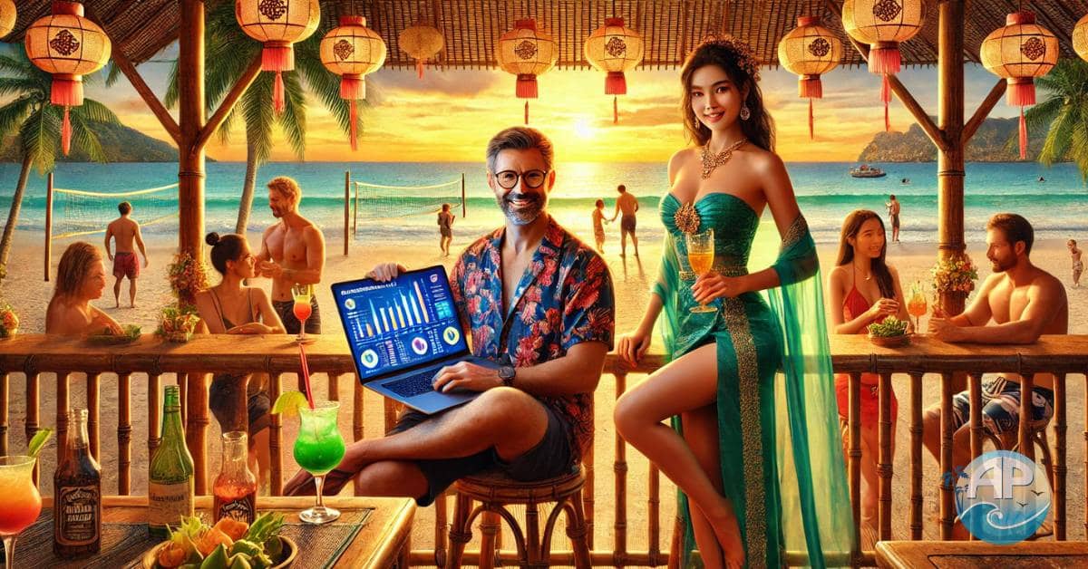 A middle-aged man and an elegant Thai woman at a lively Thai beach bar, symbolizing High-Ticket Affiliate Programs success.