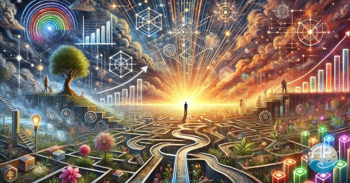 A vibrant and thought-provoking scene symbolizing 'Imperfect Action Beats Inaction,' featuring a glowing labyrinth, a lone figure, and a guiding ghost with symbols of growth like blooming trees and rising graphs under a transitioning sky.