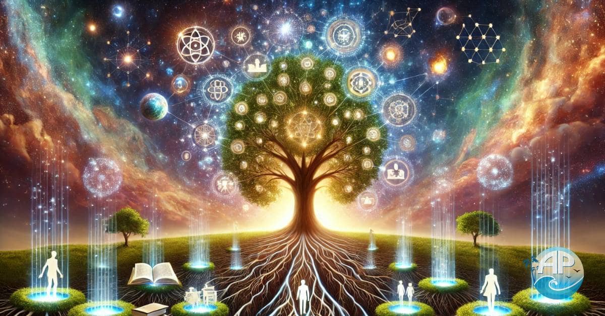 A radiant tree symbolizing the key to sustainable success, with glowing roots representing resilience and growth, and branches stretching toward a luminous sky filled with stars.