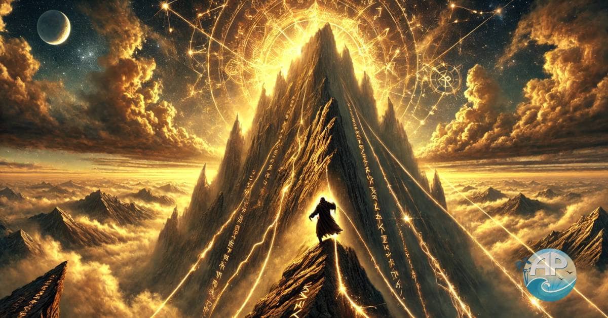 A colossal mountain glowing in golden sunrise light, symbolizing mastery through discipline, with a lone climber ascending using a celestial rope, surrounded by glowing runes and a phoenix constellation in a transformative sky.