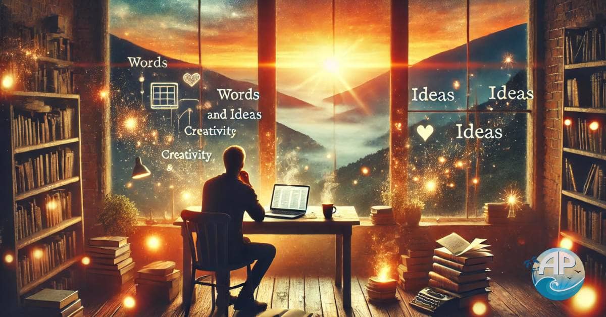 A cozy scene of a person sitting at a desk by a large window overlooking a sunrise-lit mountain range, capturing the intimate and inspiring moment to start your blogging journey.