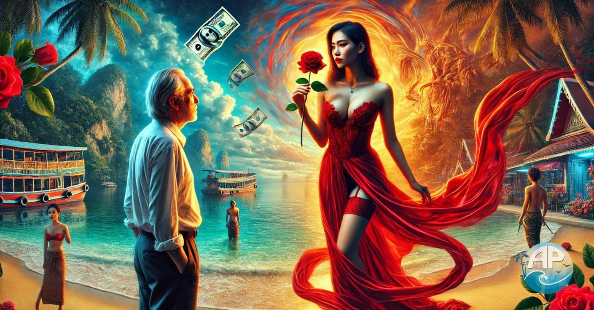 A surreal depiction of a Thai girl relationship reality, featuring a middle-aged Western man captivated by a young Thai woman on a tropical beach. She holds a red rose transforming into cash, symbolizing allure and hidden motives.