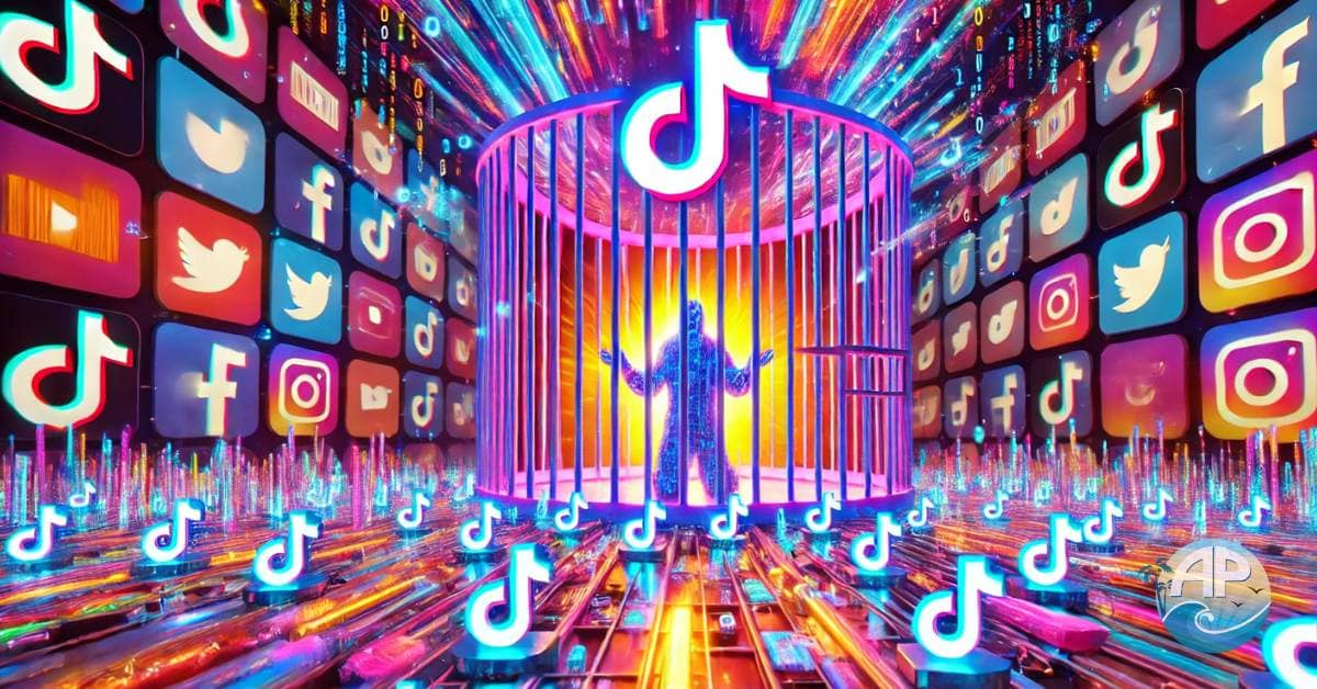 A vibrant and surreal digital jail made of glowing TikTok logos as bars, symbolizing the TikTok Ban Impact. Creators inside reach through radiant binary streams, with a golden path to freedom outside the jail.