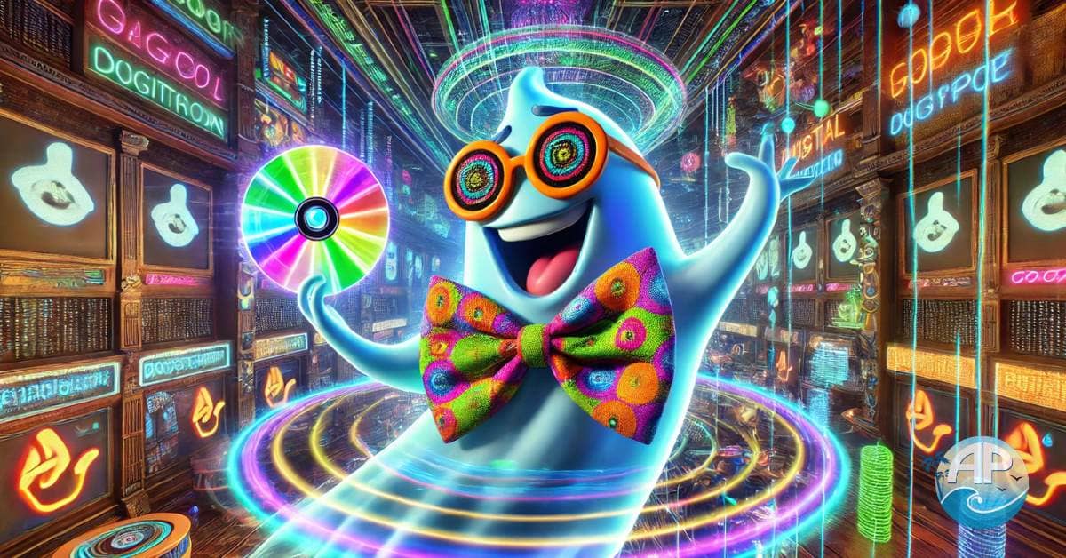 A crazy ghost wearing a bowtie and sunglasses, spinning a holographic digital coin in a neon-lit high-tech marketplace, illustrating the concept of ghost commerce.