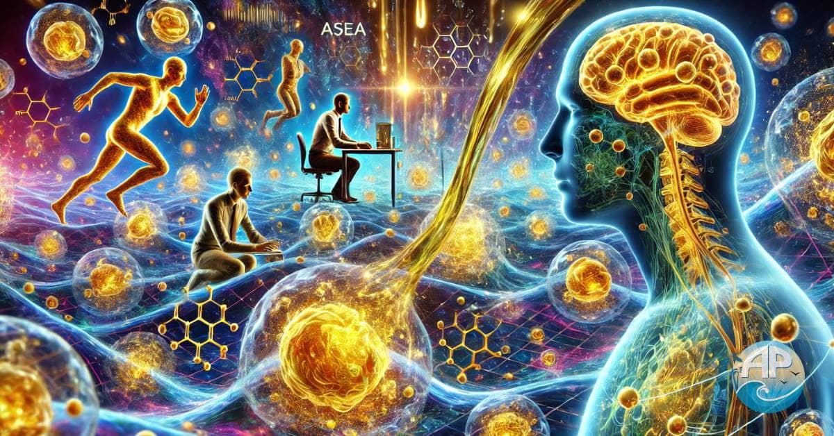 A futuristic visualization of ASEA Gold, showcasing golden liquid energizing glowing cells with holographic visuals of athletes, professionals, and rejuvenated faces in a vibrant bioluminescent world.