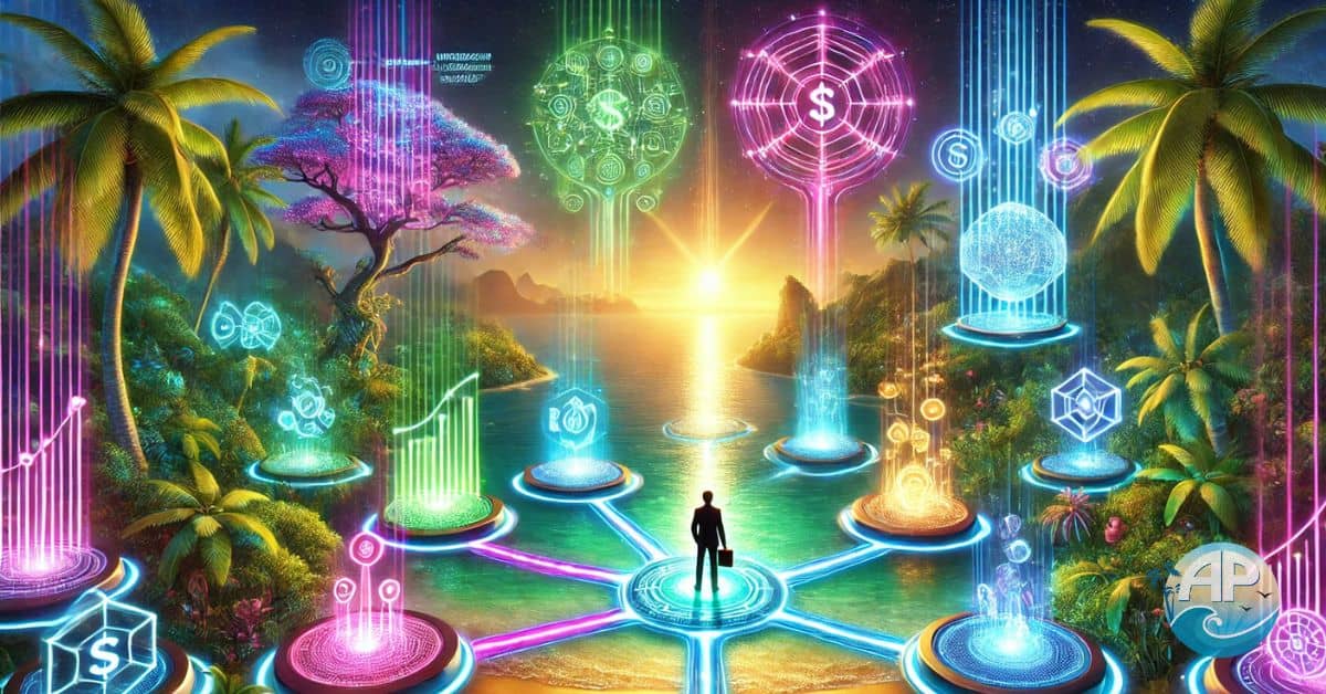 A vibrant, ultra-detailed tropical-futuristic digital paradise visualizing the 7 Day Shift Review. A determined entrepreneur stands at the center of a glowing neon-lit crossroads, surrounded by holographic business dashboards, floating automation tools, and a high-tech jungle workspace. The ocean glows with bioluminescent data streams, while a towering gateway labeled ‘7 Day Shift’ shines in the distance, symbolizing success and transformation.