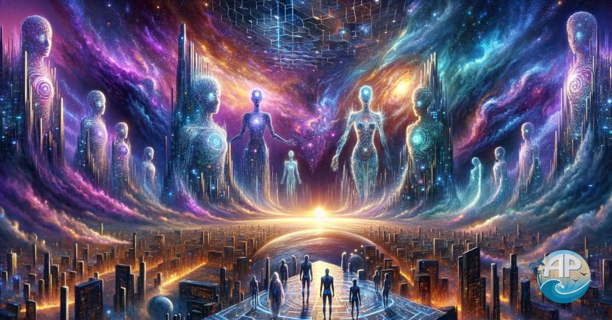 A hyper-detailed futuristic landscape featuring towering crystalline AI structures glowing with neural patterns, symbolizing AI self-awareness. Humans and humanoid robots coexist amidst streams of data and energy, set against a cosmic digital simulation.