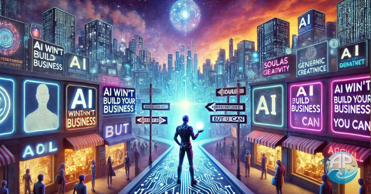 A futuristic entrepreneur stands at a crossroads, choosing between an AI-driven metropolis of robotic automation and a vibrant marketplace of storytellers and creators. Holding a glowing orb symbolizing authenticity, they face the decision to rely on automation or embrace human creativity. A holographic message in the sky reads: "AI won’t build your business—only you can.