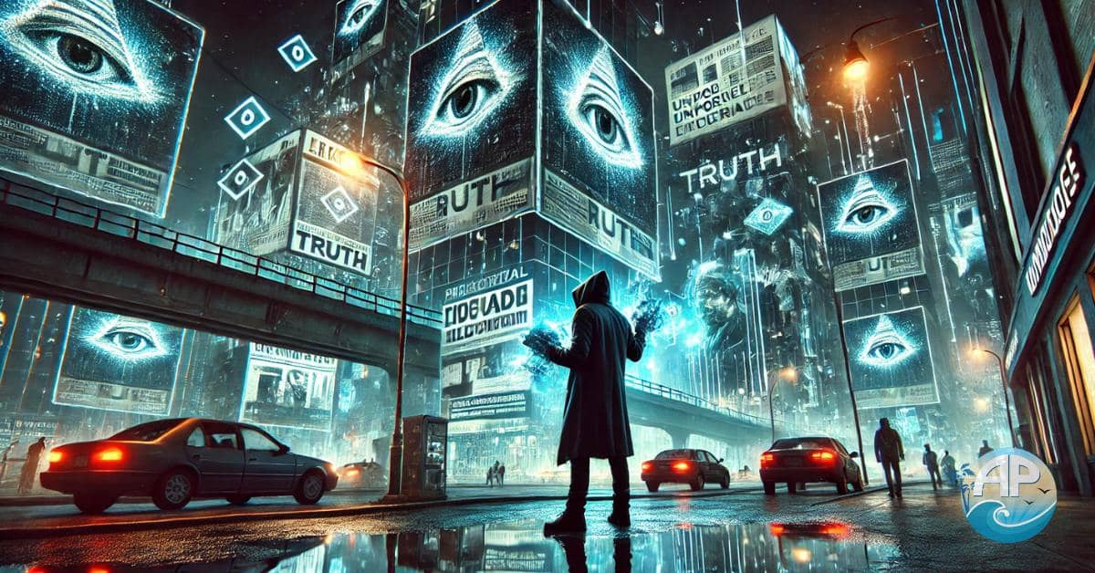 A dystopian cyber-noir cityscape featuring propaganda billboards, surveillance cameras morphing into watchful eyes, and a hooded figure uncovering beyond mainstream narratives by revealing hidden truths.