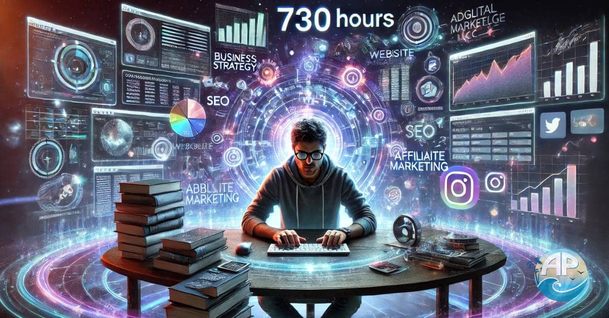 A determined entrepreneur at a sleek, futuristic desk, surrounded by holographic screens displaying online business tools. A digital clock counting down from 730 hours hovers above, symbolizing the journey to success. Floating books on business, SEO, and digital marketing, along with a swirling vortex of social media and e-commerce icons, reinforce the limitless potential of building an online business.