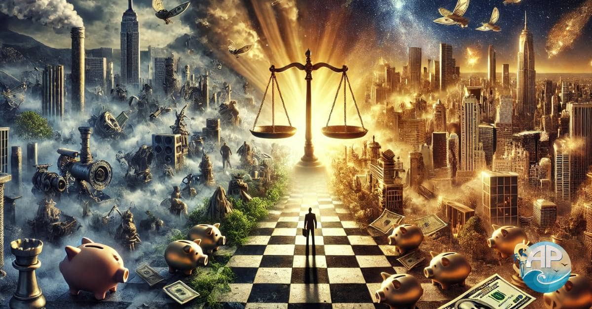 A surreal depiction of Cost vs Value in Business, featuring a floating chessboard at a decisive crossroads. One path is shadowed with broken piggy banks and crumbling enterprises, symbolizing cost-cutting failures. The other path glows with prosperity, innovation, and digital success, illustrating the power of value-driven investments. A large balance scale tilts toward "Value" as a leader places a glowing chess piece labeled "Strategic Investment.