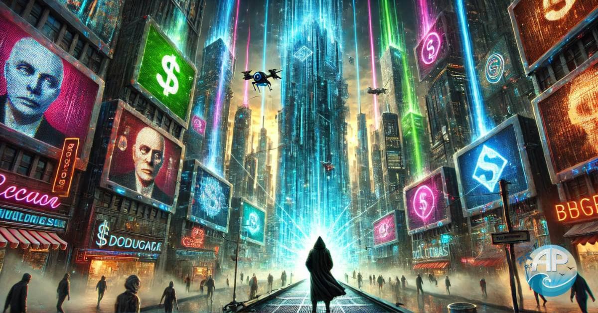 A lone figure in a dystopian cityscape stands before a glowing portal, symbolizing the choice to escape the matrix and embrace freedom.