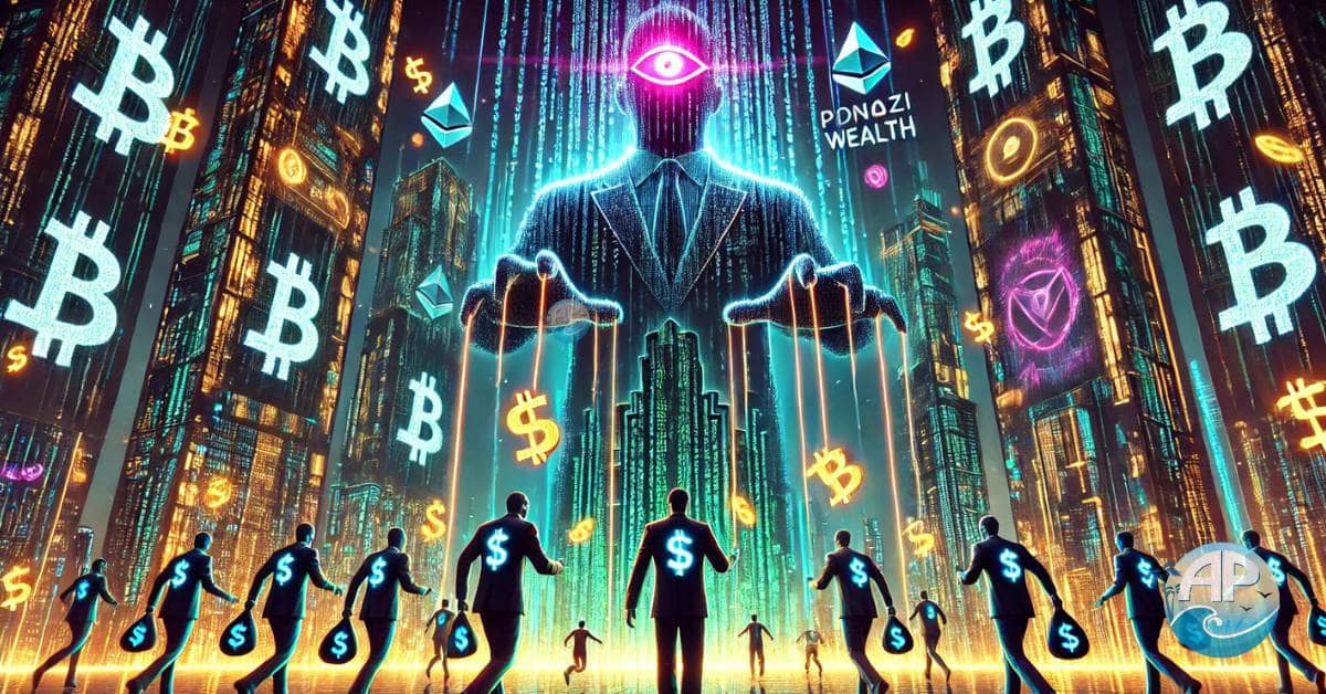 A futuristic cyber-dystopian cityscape depicting the GS Partners scam. Shadowy figures with glowing cryptocurrency symbols for heads manipulate desperate investors like puppets, leading them toward a Ponzi Scheme abyss. A flickering neon billboard promises "Guaranteed Wealth!" while masked con artists escape with stolen funds under the illusion of decentralized riches.