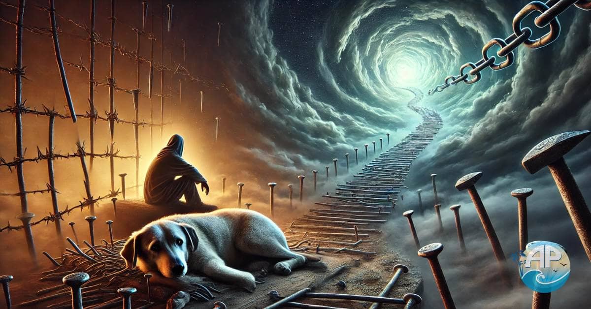 Get unstuck and fail forward with this surreal image of a dog lying on a bed of nails, symbolizing stagnation. A glowing traveler offers guidance, standing between two paths—one of endless cycles and the other of transformation. Chains dissolve, footprints glow, and the sky swirls with celestial symbols, representing the choice to rise and embrace change.