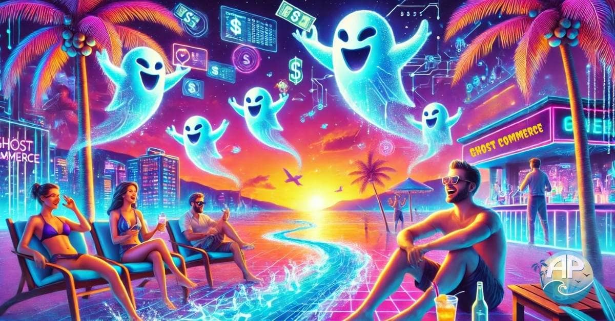 A neon-lit tropical paradise at sunset where an entrepreneur enjoys life while friendly ghosts run an automated business, symbolizing the Ghost Commerce Business Model.