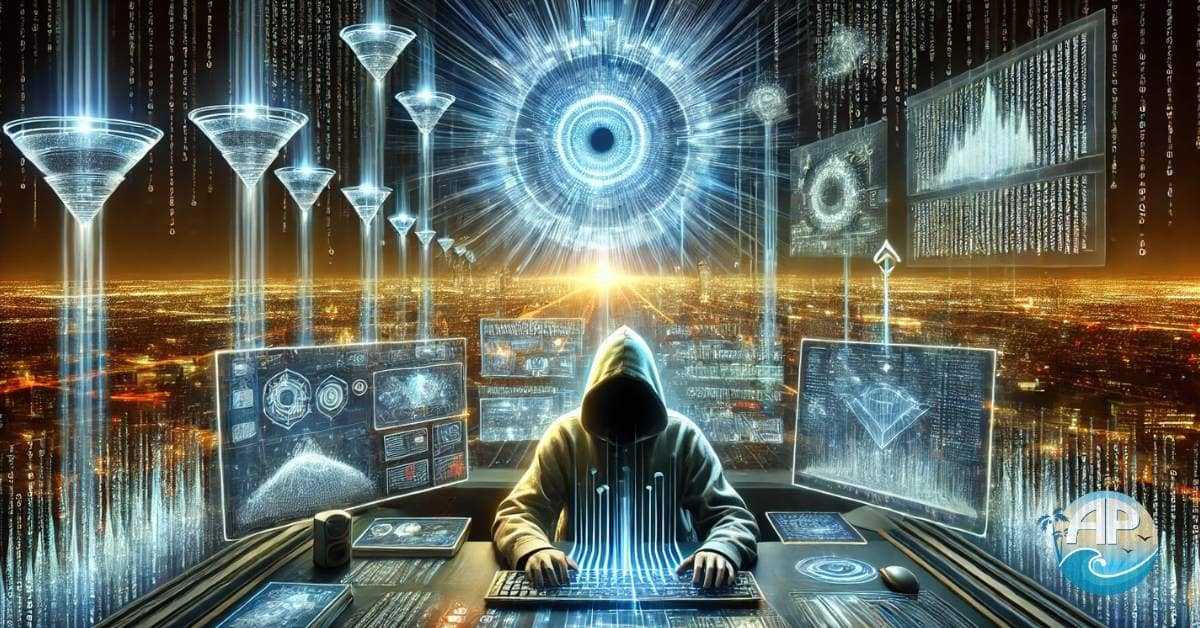 A faceless entrepreneur, cloaked in a digital aura, orchestrates an invisible online empire. Streams of binary code, glowing holographic funnels, and floating analytics screens depict the concept of Ghost Commerce Playbook, symbolizing financial freedom without revealing one's identity.