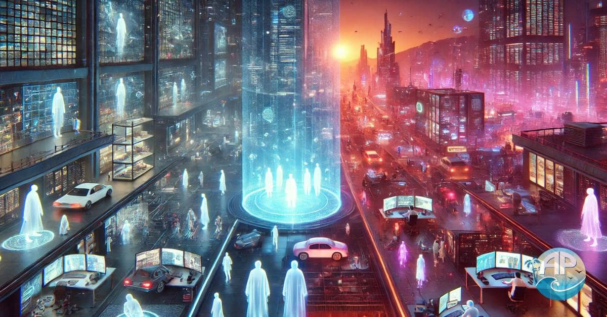 Ghost Commerce vs Network Marketing – A cyberpunk-style digital realm split into two worlds: a sleek, automated ghost commerce hub on the left with glowing blue interfaces, and a chaotic, neon-lit network marketing dystopia on the right filled with recruitment symbols and overwhelming visuals.