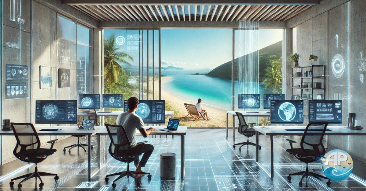 A futuristic co-working space overlooking a tropical beach, featuring high-tech devices like holographic screens and interactive digital workspaces. A remote entrepreneur is working in a peaceful yet innovative setting, representing the ideal environment for growing an affiliate marketing business.