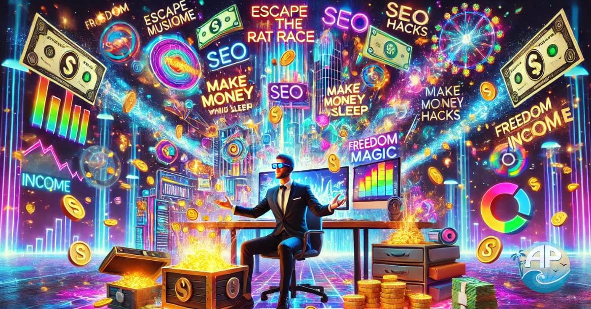 A futuristic entrepreneur at a neon-lit workstation, surrounded by holographic screens, floating books, and digital income streams, symbolizing the journey of building an Online Business to Replace Job and achieving financial freedom.