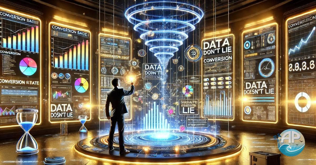 A futuristic control room with holographic data screens displaying real-time analytics of a high-tech capture page. A determined entrepreneur analyzes conversion rates, adjusting landing page elements with AI-driven optimization.