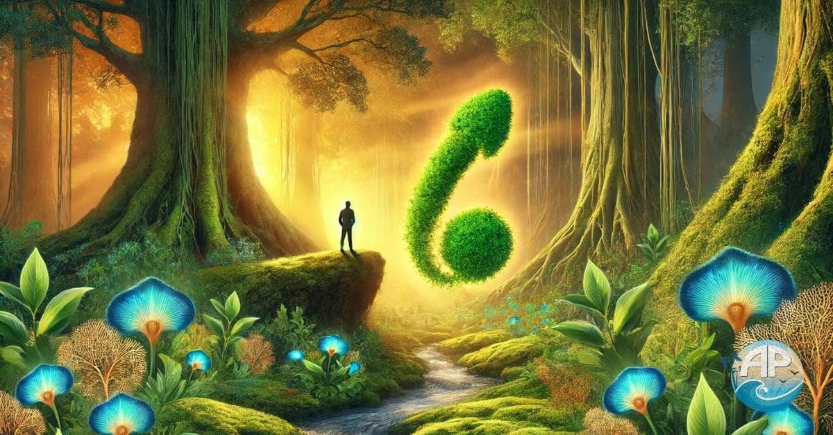 A surreal forest at dawn symbolizing the journey to Reclaim Prostate Health Naturally. A contemplative figure stands on a moss-covered rock, surrounded by glowing medicinal herbs and vines forming the shape of a healthy prostate. The golden sunlight filtering through ancient trees represents rejuvenation and balance, while a serene stream flows gently in the background, symbolizing holistic wellness and natural healing.