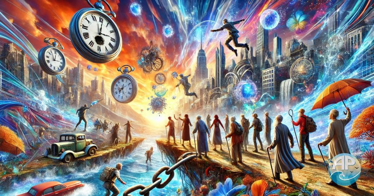 A visionary digital painting depicting the Retirement Rebellion, where retirees break free from outdated norms, shattering clocks and chains in a bold act of defiance. The scene blends futuristic cityscapes with serene travel destinations, symbolizing limitless opportunities.