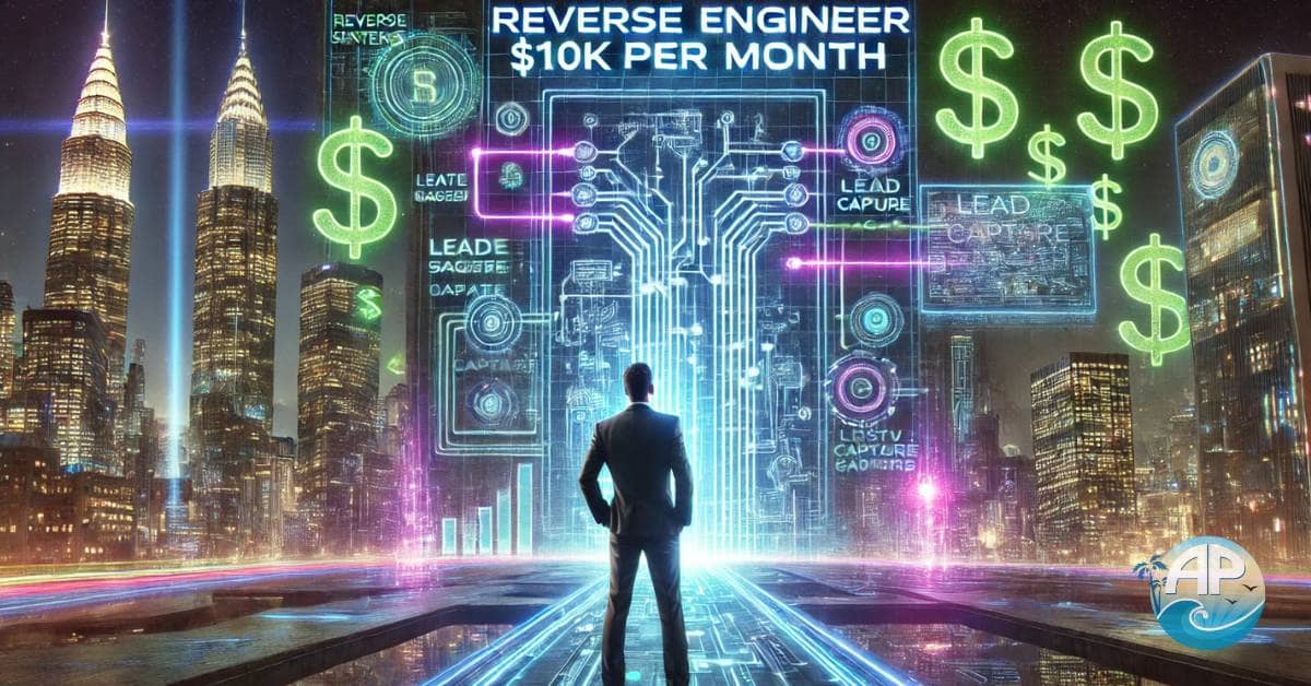 A futuristic entrepreneur stands before a glowing digital blueprint displaying the Reverse Engineer $10K Per Month strategy, surrounded by a high-tech cityscape with neon-lit data streams and holographic dollar signs, symbolizing financial freedom through automation and digital marketing.