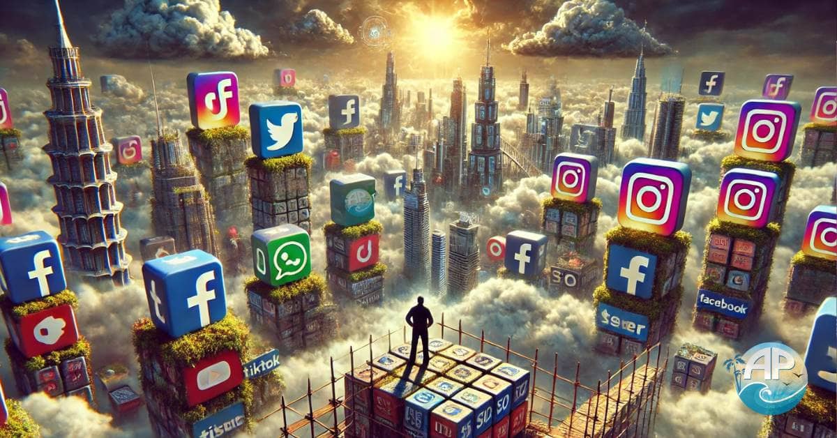 A surreal digital landscape illustrating the dangers of relying on social media for business. A city made of TikTok, Facebook, and Instagram skyscrapers floats on fragile clouds, while a determined entrepreneur builds a fortress of sustainable assets labeled 'Website,' 'Email List,' 'SEO,' and 'Digital Products.' Algorithmic storm clouds loom overhead, symbolizing the volatility of social platforms, while a luminous bridge leads to an evergreen digital empire.