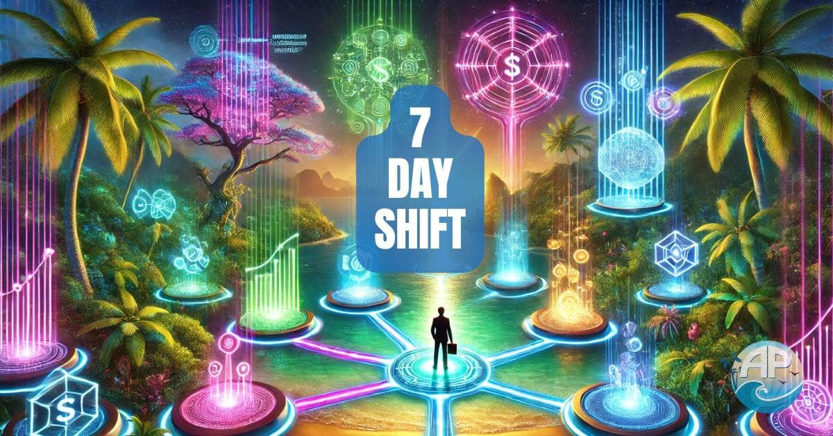 A vibrant, ultra-detailed tropical-futuristic digital landscape representing the 7 Day Shift. A determined entrepreneur stands at a glowing neon crossroads, surrounded by bioluminescent palm trees, floating holographic business dashboards, and radiant golden coins symbolizing wealth creation. A grand gateway labeled ‘7 Day Shift’ shines in the distance, symbolizing transformation and success.