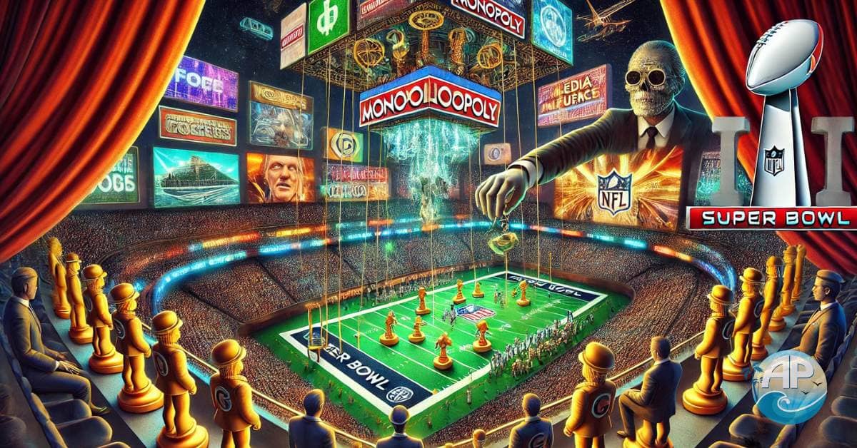 A dystopian Super Bowl stadium where corporate billionaires manipulate the game, with a Monopoly board field, puppet-like players, and hypnotized spectators with digital screens for faces. A lone figure unveils a hidden control room exposing the system’s true power.