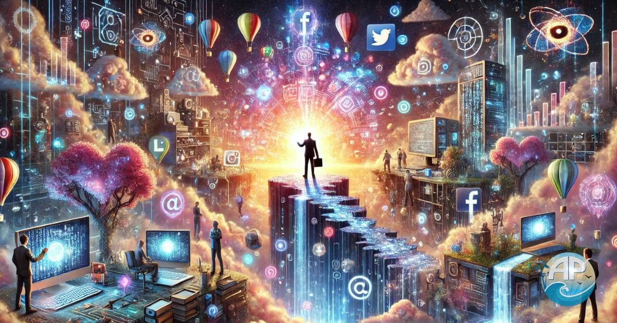 A whimsical, futuristic scene showing a digital entrepreneur holding a glowing laptop on a floating island, surrounded by digital tools, social media icons, and a vibrant city. A traditional office contrasts with the digital landscape, highlighting the power to build your digital business.