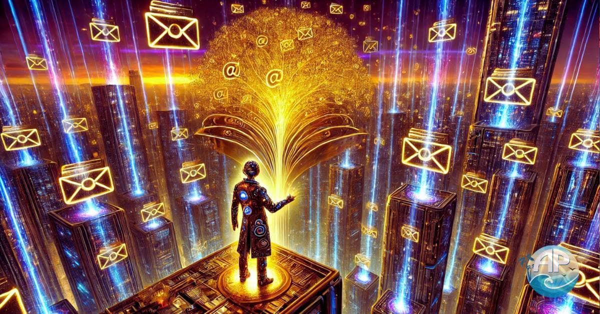 A futuristic cyberpunk marketplace glowing in neon, with an entrepreneur holding a radiant Rolodex symbolizing the power of an email list. Holographic emails float above skyscrapers, and AI-driven robots manage data streams, illustrating the digital wealth of email marketing.