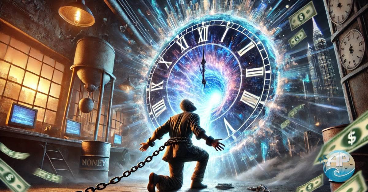 A weary worker shackled to a massive, glowing clock in a dark dystopian factory, symbolizing the endless cycle of trading time for money. A glowing portal in the distance represents a way to Escape The Sweat Trap, leading to financial freedom and digital wealth.