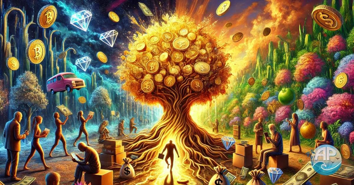 Money without purpose is poverty" - A decaying golden tree symbolizes wealth without meaning, while a vibrant path leads to fulfillment, representing true abundance and purpose.