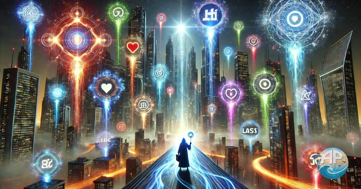 A futuristic cityscape with glowing branding spheres, neon-lit skyscrapers showcasing holographic logos, and a mystical branding guardian wielding a key to unlock personal, faceless, and hybrid brands. A surreal energy aura flows through the scene, symbolizing the power of unlocking the magic of branding.