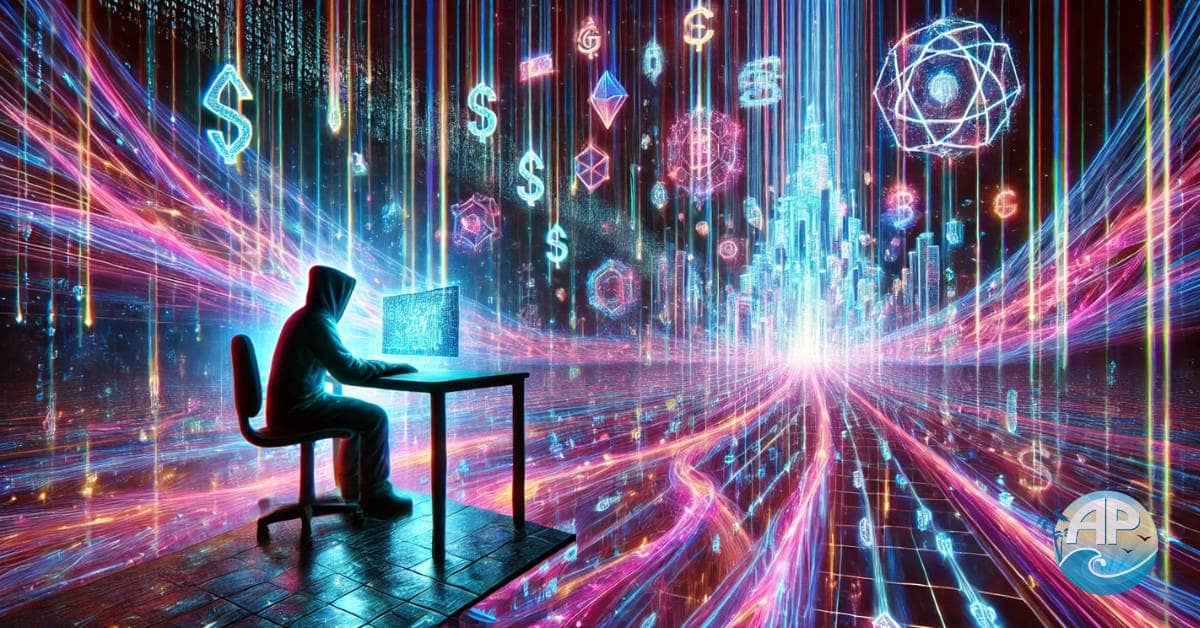 A surreal and vibrant digital landscape depicting Affiliate Marketing Explained, featuring a hooded entrepreneur at a glowing workstation, surrounded by neon-lit data streams, holographic earnings, and a futuristic cybernetic cityscape.