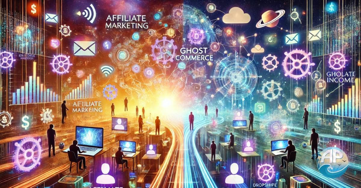 A futuristic digital landscape depicting Affiliate Marketing vs Ghost Commerce, with an active world of digital creators on the left and a serene, automated system of ghost commerce on the right.