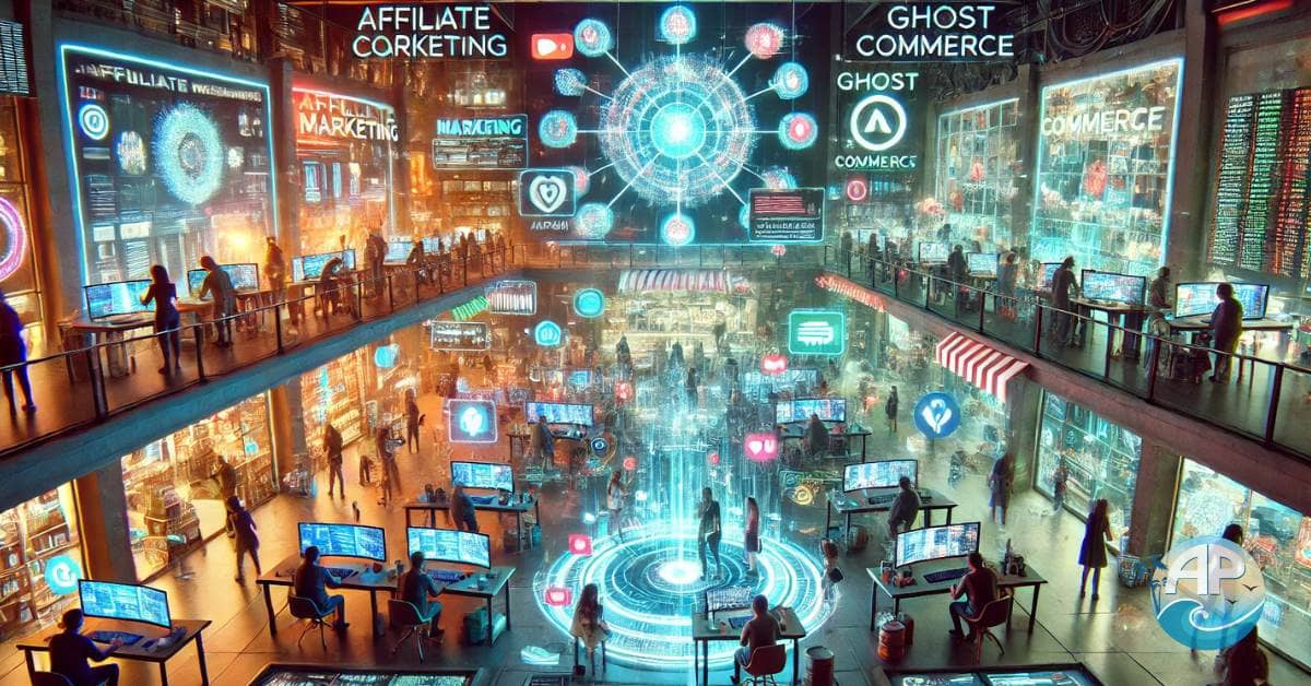 Split-screen digital artwork of Affiliate Marketing vs. Ghost Commerce. The left side features content creators in a neon-lit creative hub, while the right side showcases a futuristic, automated eCommerce city. A glowing digital rift in the center connects the two worlds.