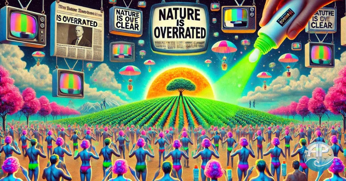 Surreal collage depicting a dystopian scene with glowing GMO crops, exaggerated sunscreen users, floating TVs, and ironic messages urging viewers to Always Question Everything.