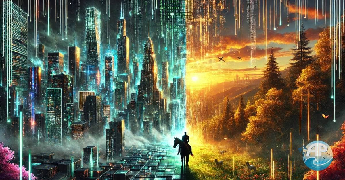 A dystopian world split between control and freedom, featuring a lone rider on horseback navigating between a cyberpunk city of glowing chains and propaganda screens and a golden wilderness symbolizing lost autonomy.