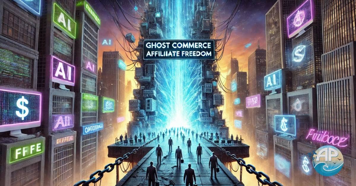 A futuristic cyberpunk gateway labeled Ghost Commerce Affiliate Freedom, symbolizing the transition from corporate constraints to digital financial independence.