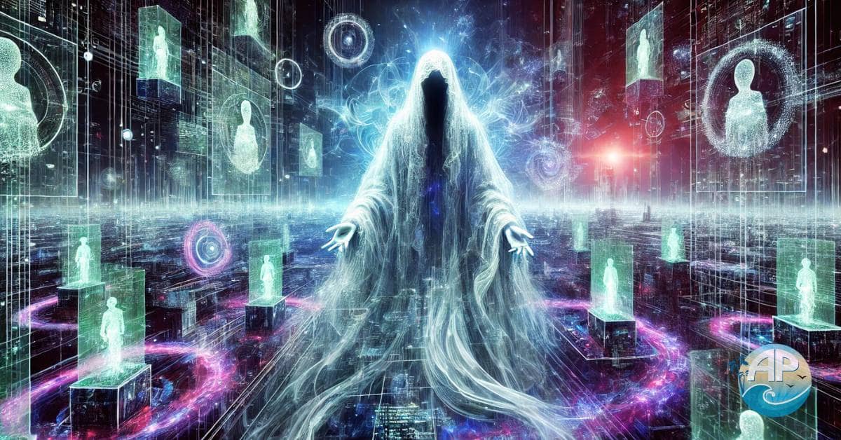 A ghostly figure in a futuristic digital landscape, surrounded by glowing data streams, holographic storefronts, and AI-driven systems, symbolizing the power of Ghost Commerce training.