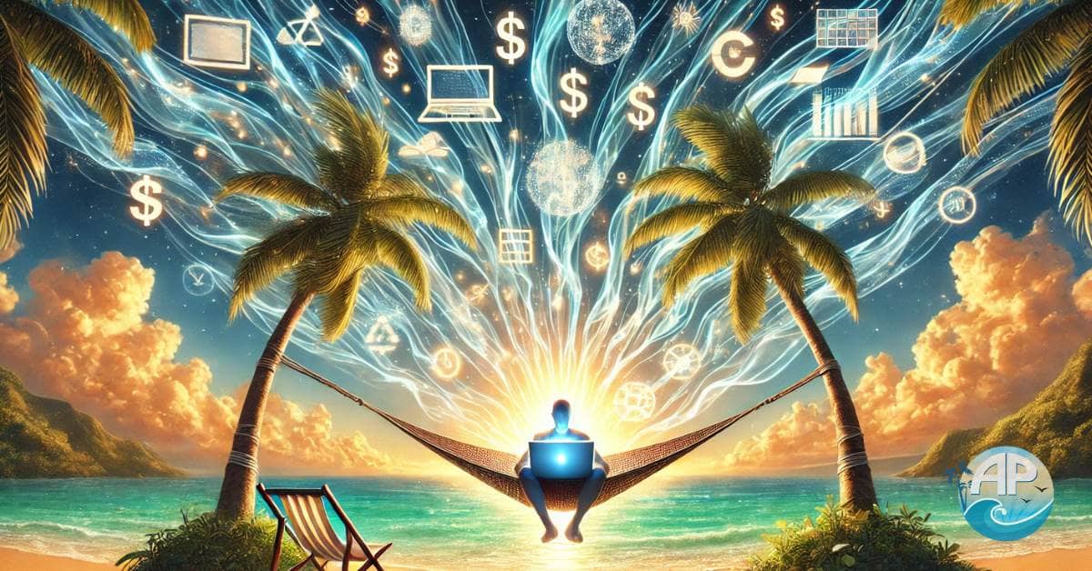 Faceless entrepreneur in a hammock on a tropical beach, with a glowing laptop emitting streams of affiliate marketing and Ghost Commerce symbols.