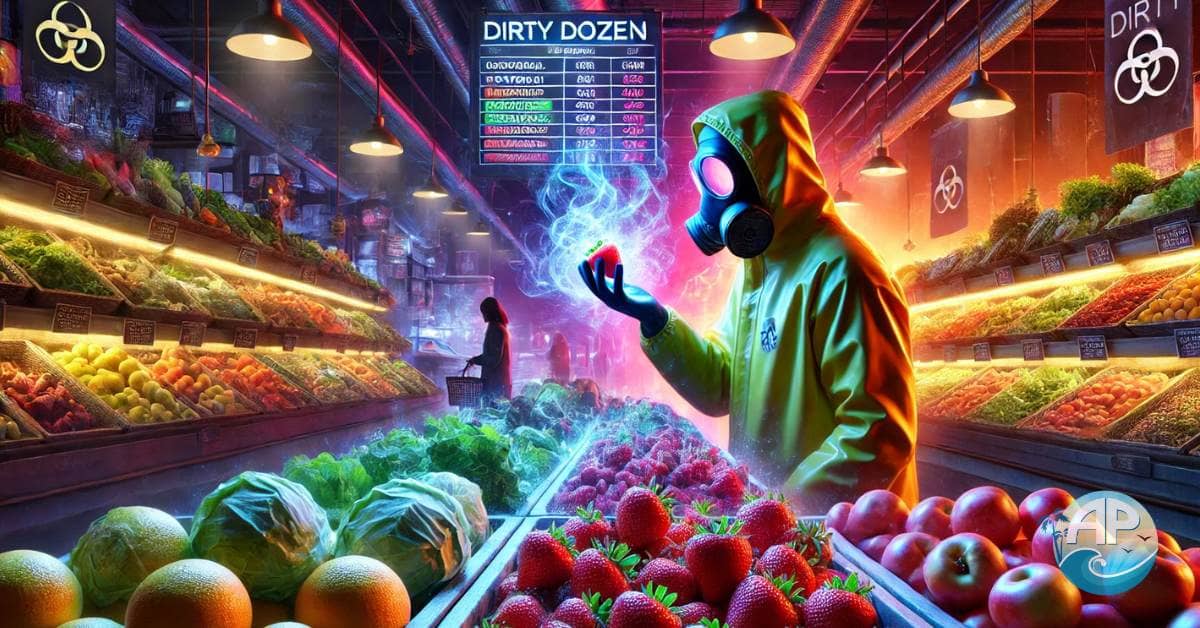 A dystopian farmer’s market where pesticide-laden fruits and vegetables glow ominously under ultraviolet light. A shopper in a futuristic biohazard mask inspects a strawberry with toxic mist swirling around it, while a holographic display projects “The Dirty Dozen Revealed” list in the background.