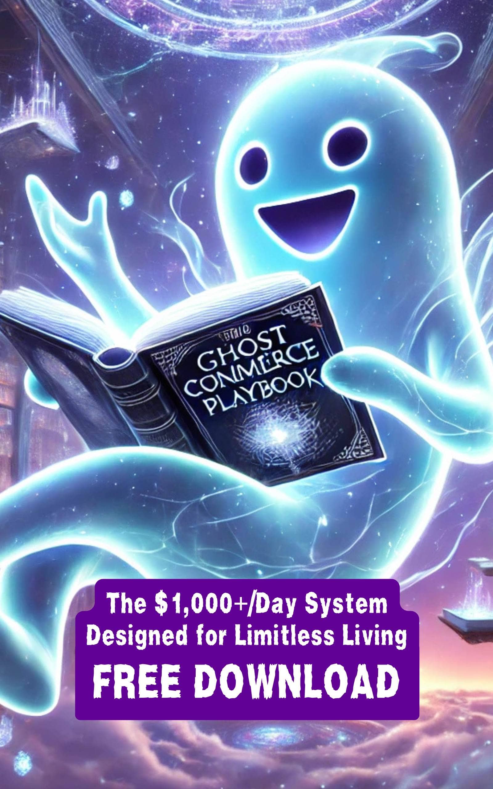 A glowing ghost lounges mid-air in a magical, multidimensional library, reading a holographic book titled “Ghost Commerce Playbook - Free Download,” surrounded by floating bookshelves, misty patterns, and surreal cosmic architecture