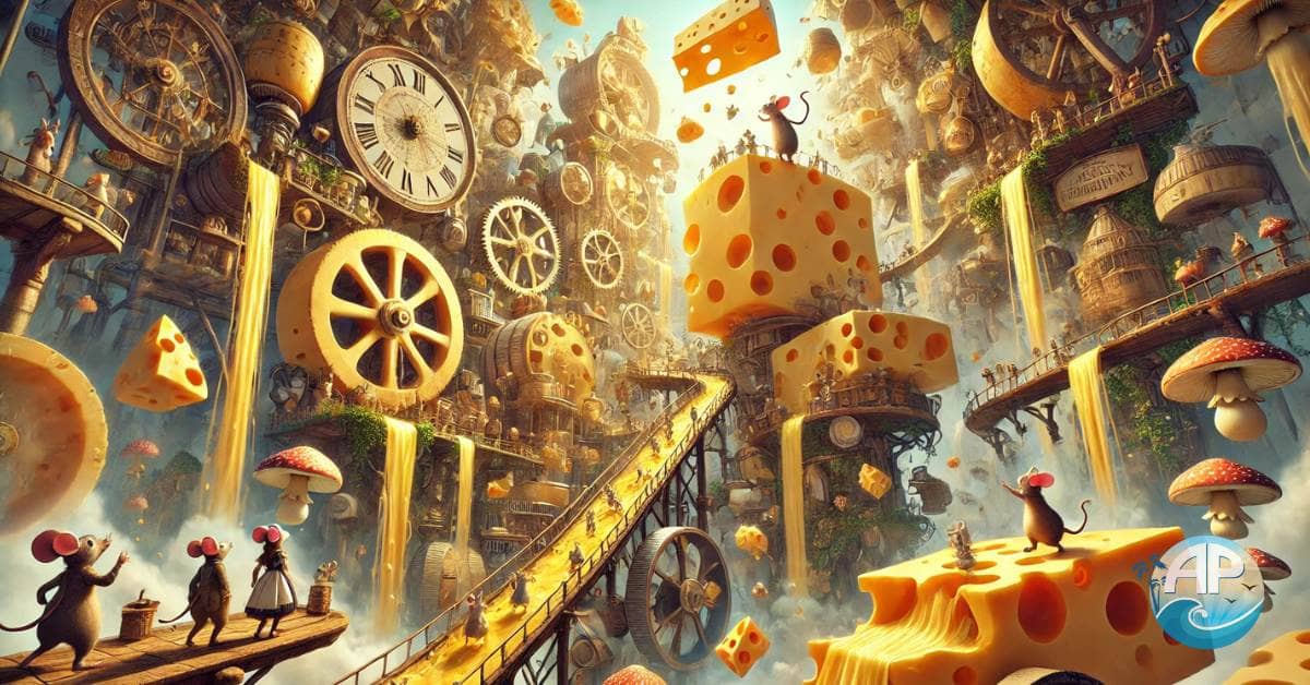 A whimsical cheese factory inspired by Who Moved My Cheese, featuring oversized Sniff and Scurry exploring a world of golden cheese rivers, floating cheese platforms, and magical conveyor belts, while tiny human explorers look on in awe.