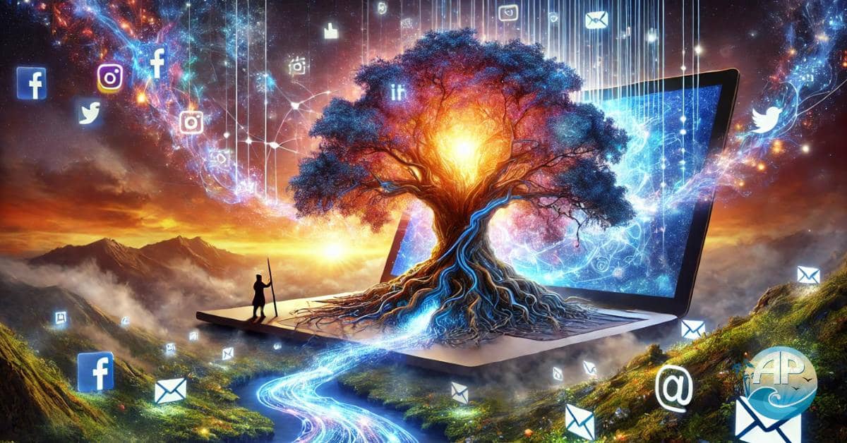 A futuristic digital landscape where a glowing tree of knowledge grows from a laptop, symbolizing Why I Started Blogging. The scene features radiant blog posts as leaves, a river of emails flowing toward the horizon, and a figure planting new seeds of content, representing the journey of creation and impact.