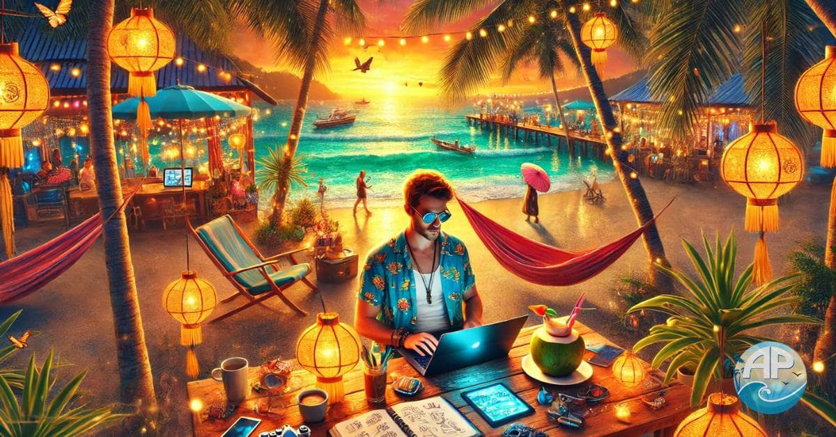 A digital nomad working on a laptop under a palm tree on a Thai beach at golden hour, with ocean waves, hammocks, fairy lights, and a bustling night market in the background.