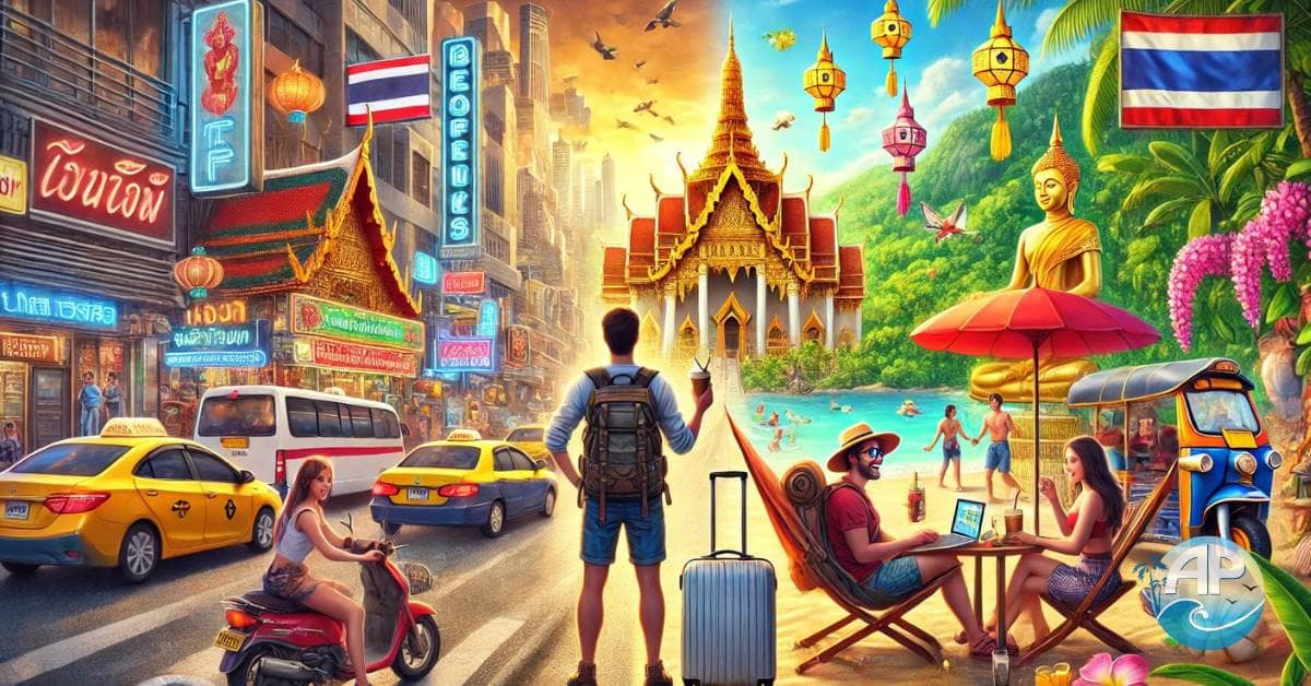 A vibrant digital painting illustrating how to move to Thailand permanently, featuring a traveler transitioning from a bustling Western cityscape to a tropical paradise with golden temples, street markets, and serene beaches.